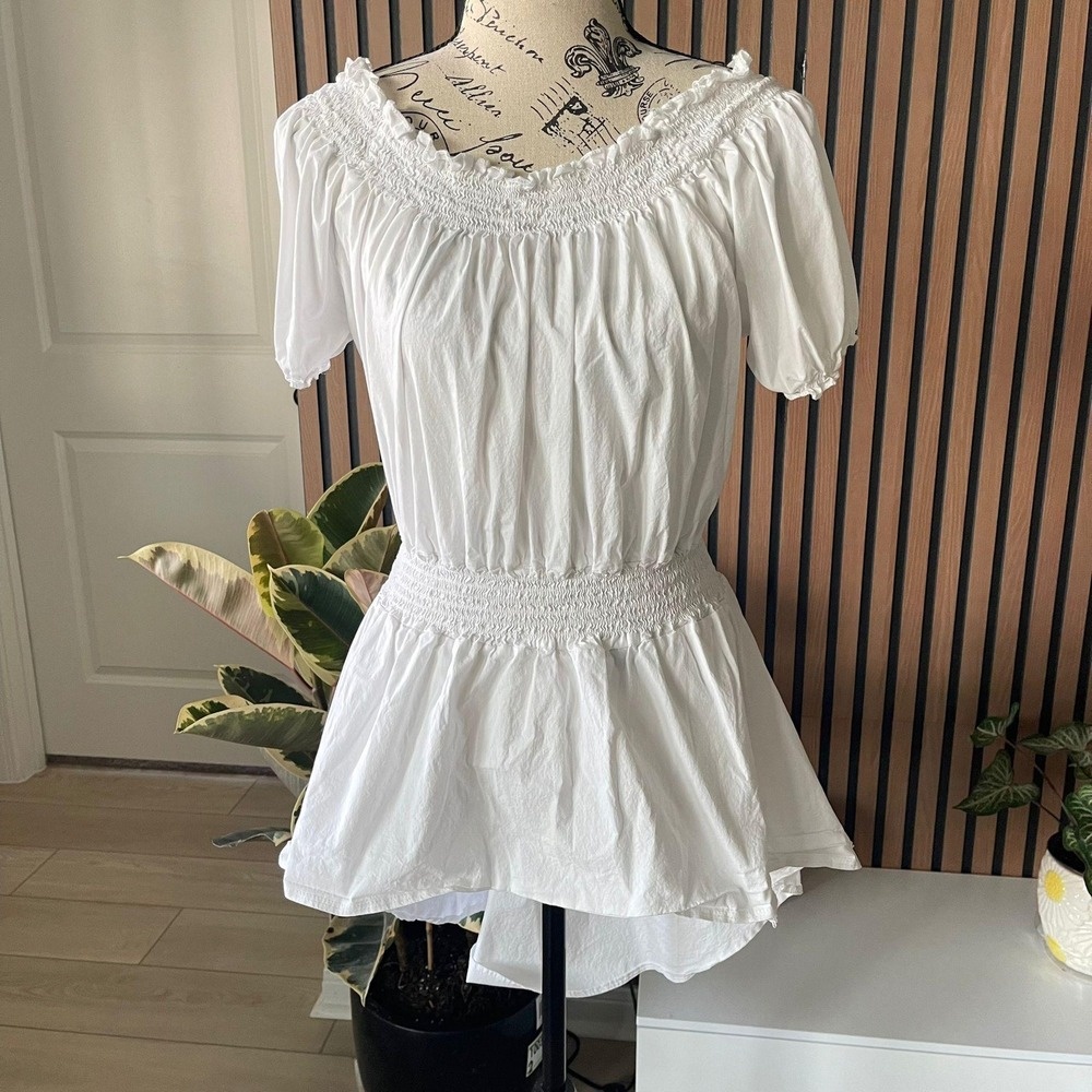 Touch‎ Me White Smocked Off Shoulder Short Sleeve High Low Hem Dress Top